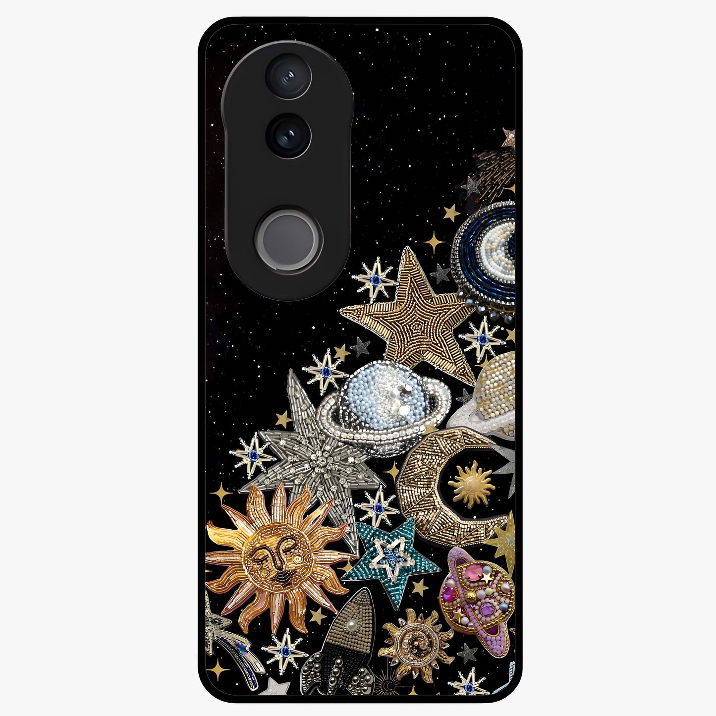 Cosmic Sparkle Dreams Glass Case showing flat back view with sparkling cosmic artwork and glossy glass finish.