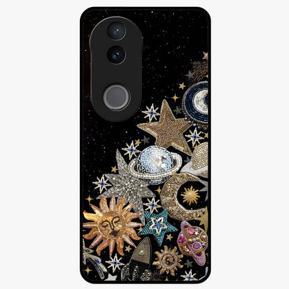 Cosmic Sparkle Dreams Glass Case showing flat back view with sparkling cosmic artwork and glossy glass finish.