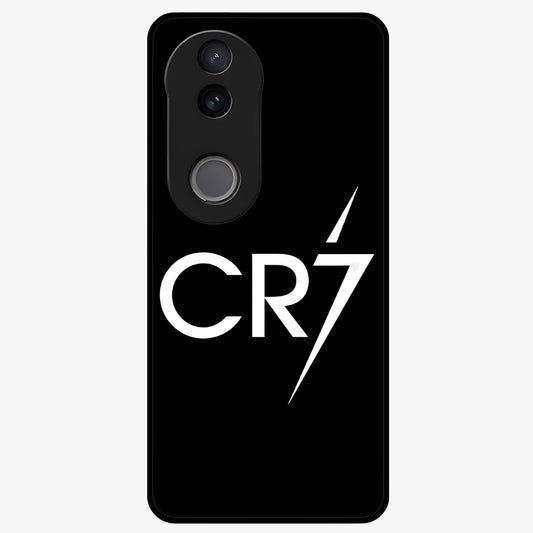 Cr7 Elite Strike Glass Case showing flat back view with dynamic football inspired artwork and glossy glass finish.