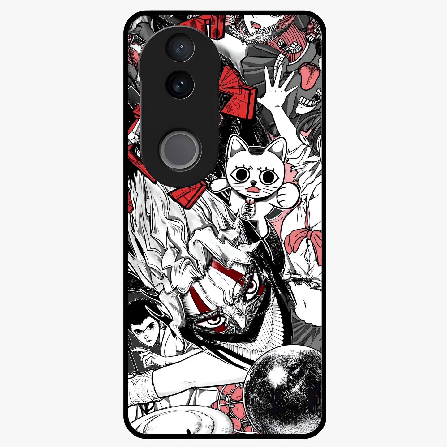 Crimson Chaos Panel Glass Case showing flat back view with bold crimson abstract artwork and glossy glass finish.