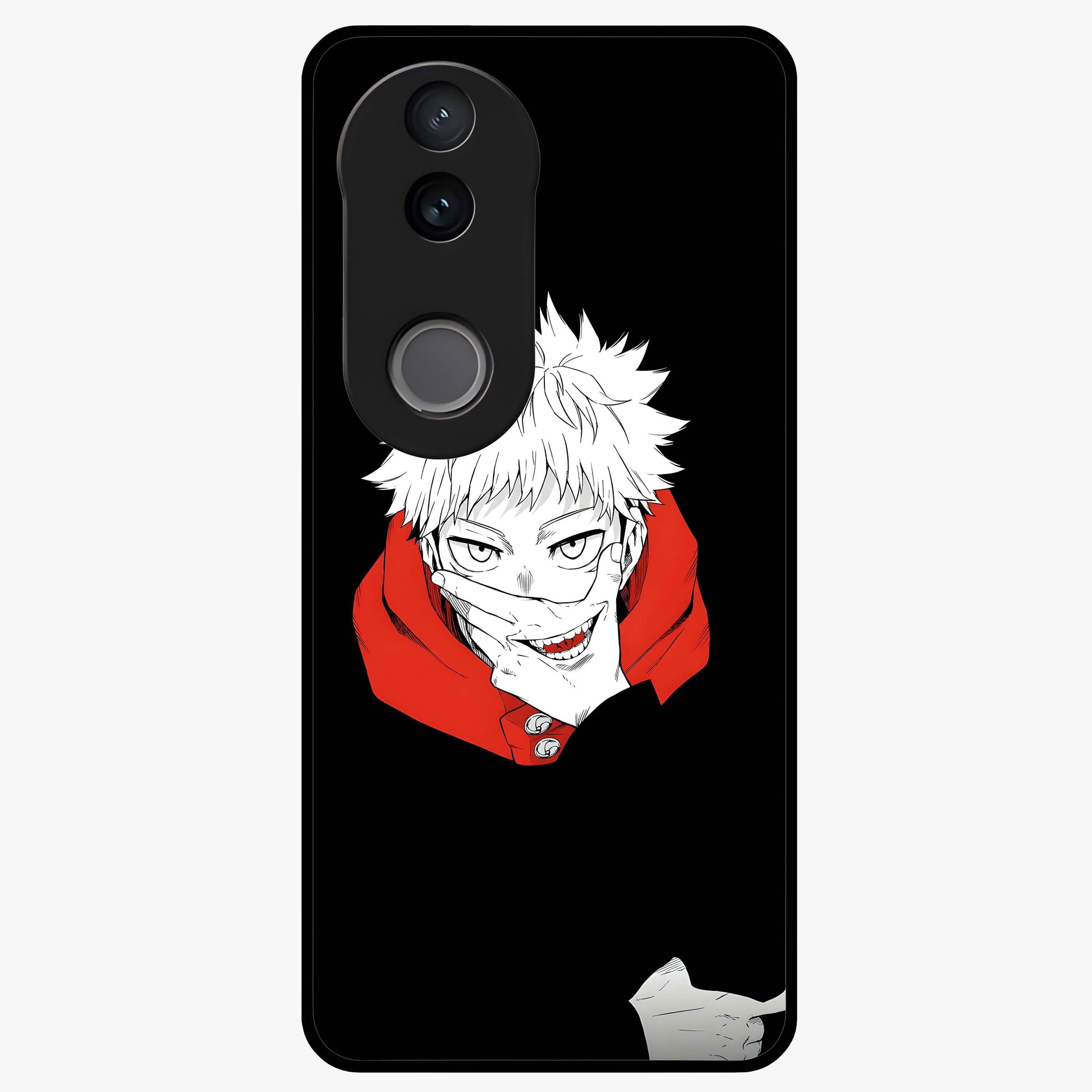 Crimson Chaos Smile Glass Case showing flat back view with bold chaotic smile artwork and glossy glass finish.