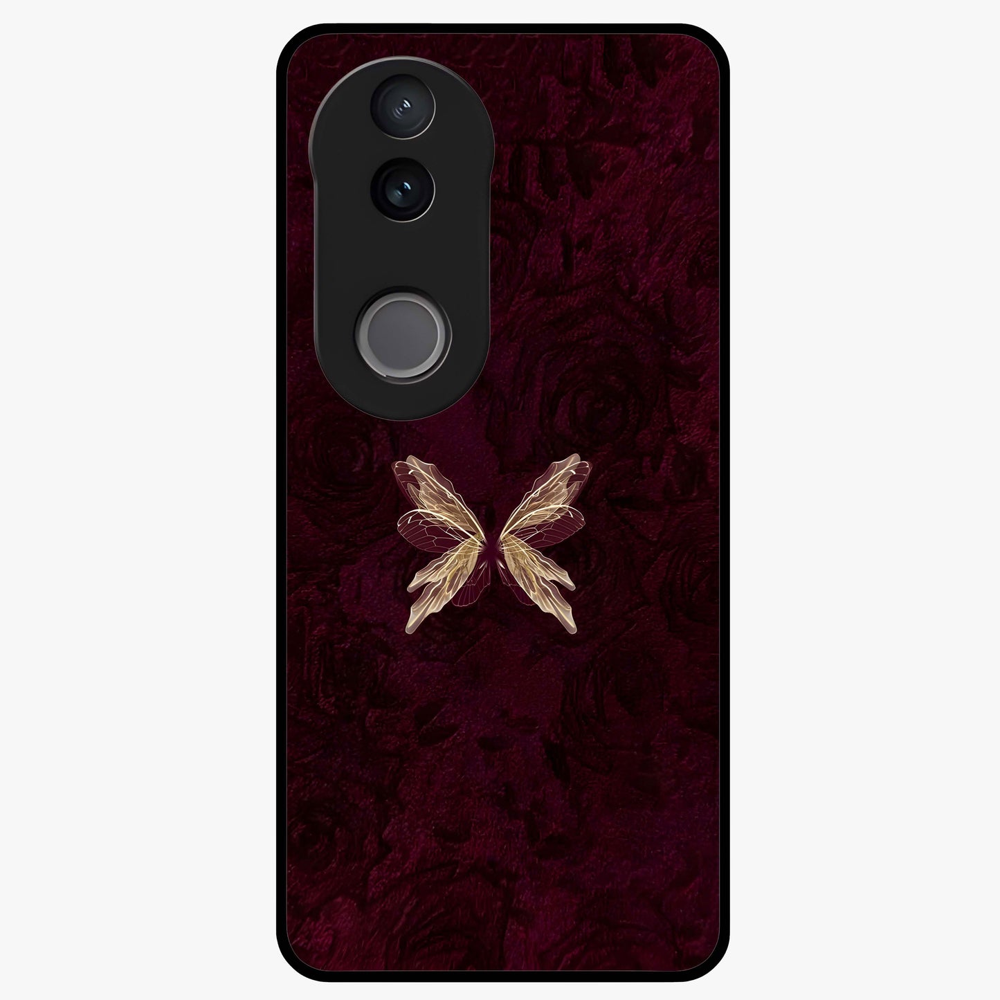 Crimson Fade Butterfly Glass Case showing flat back view with fading butterfly artwork and glossy glass finish.