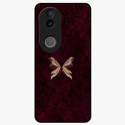 Crimson Fade Butterfly Glass Case showing flat back view with fading butterfly artwork and glossy glass finish.