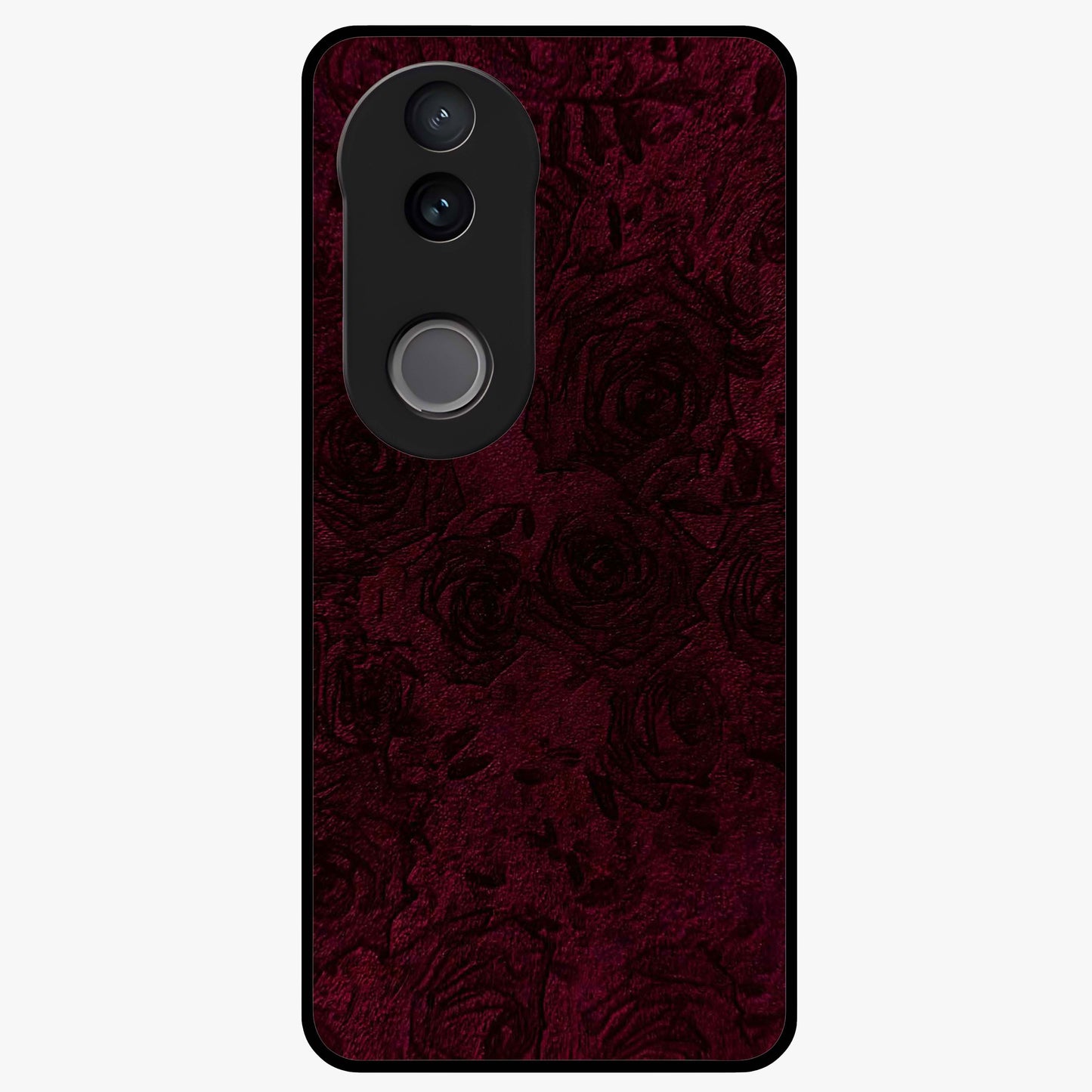 Crimson Fade Flow Glass Case showing flat back view with flowing crimson gradient artwork and glossy glass finish.