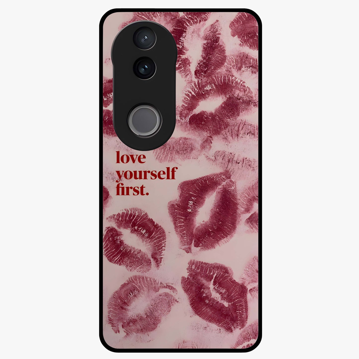 Crimson Kiss Love Glass Case showing flat back view with romantic crimson themed artwork and glossy glass finish.