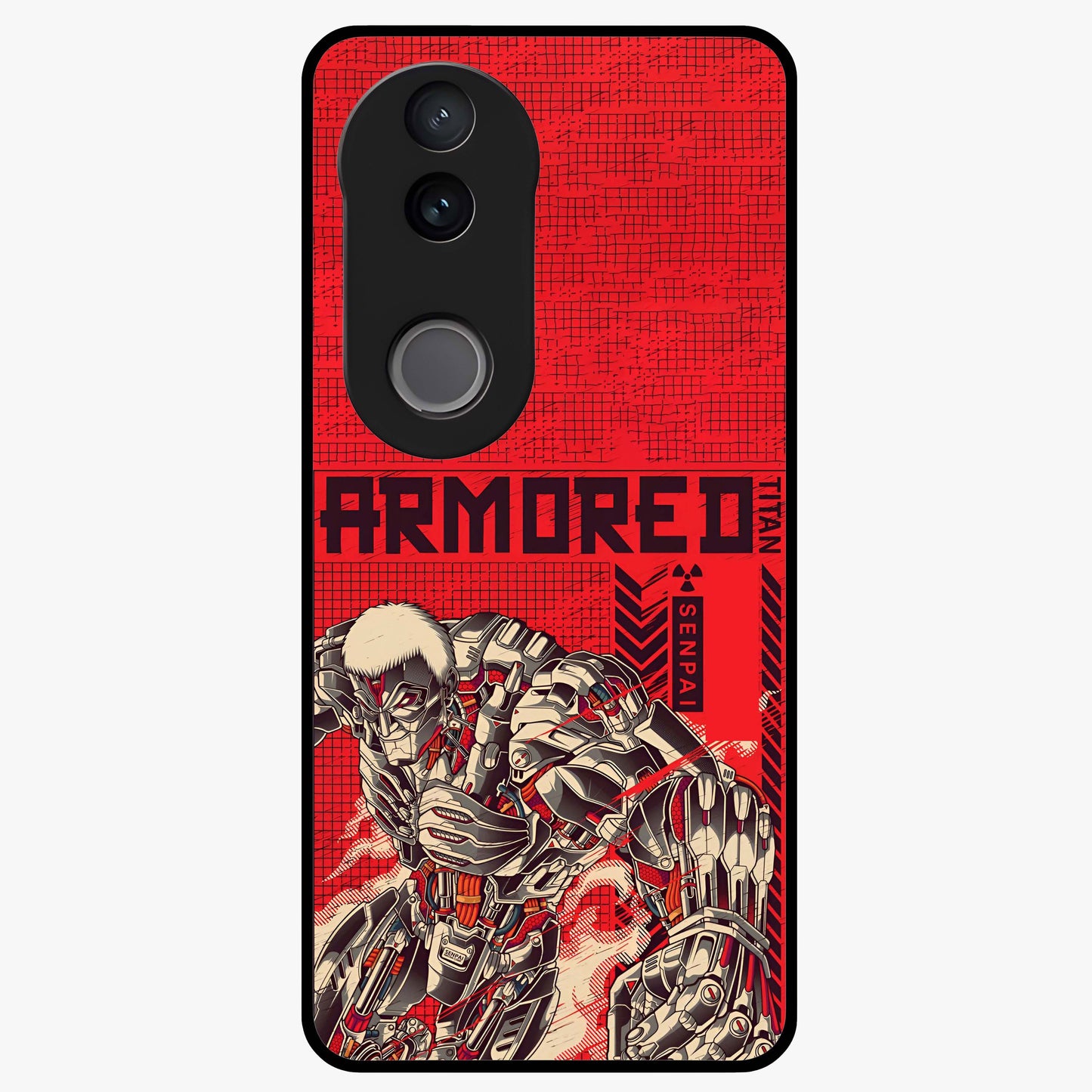 Crimson Mecha Titan Glass Case showing flat back view with powerful mech titan artwork and glossy glass finish.