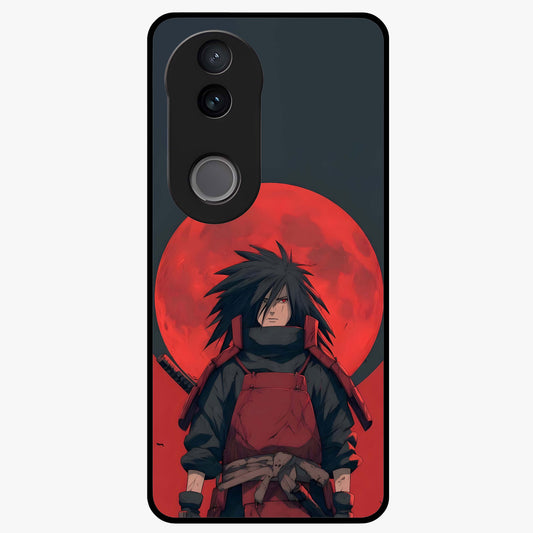 Crimson Moon Warlord Glass Case showing flat back view with mystical moon warrior artwork and glossy glass finish.