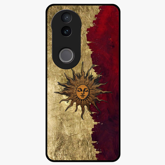 Crimson Sun Majesty Glass Case showing flat back view with radiant sun inspired artwork and glossy glass finish.