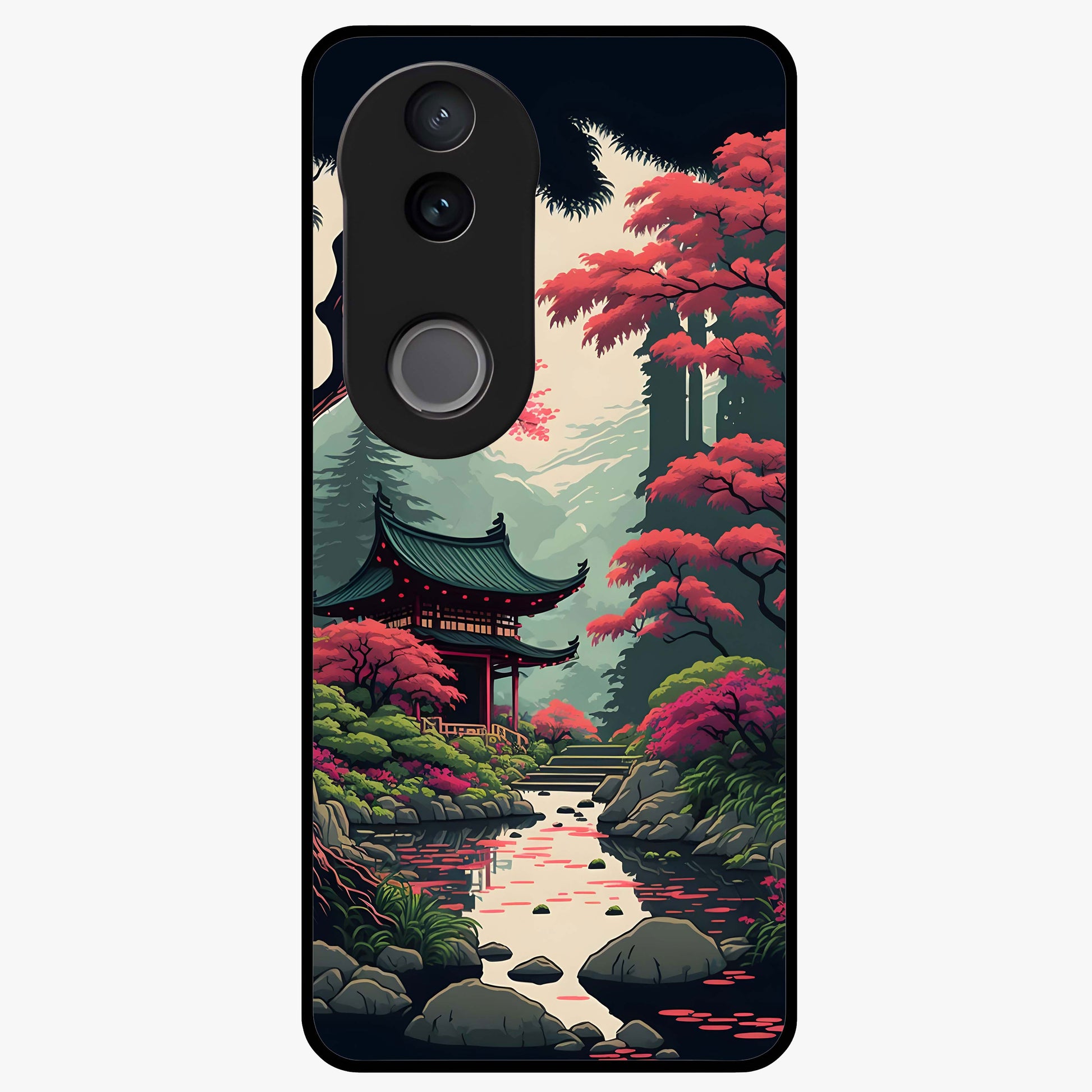Crimson Temple View Glass Case showing flat back view with temple inspired artwork and glossy glass finish.