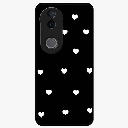 Cute And Simple White Hearts Glass Case showing flat back view with minimal white heart pattern and glossy glass finish.