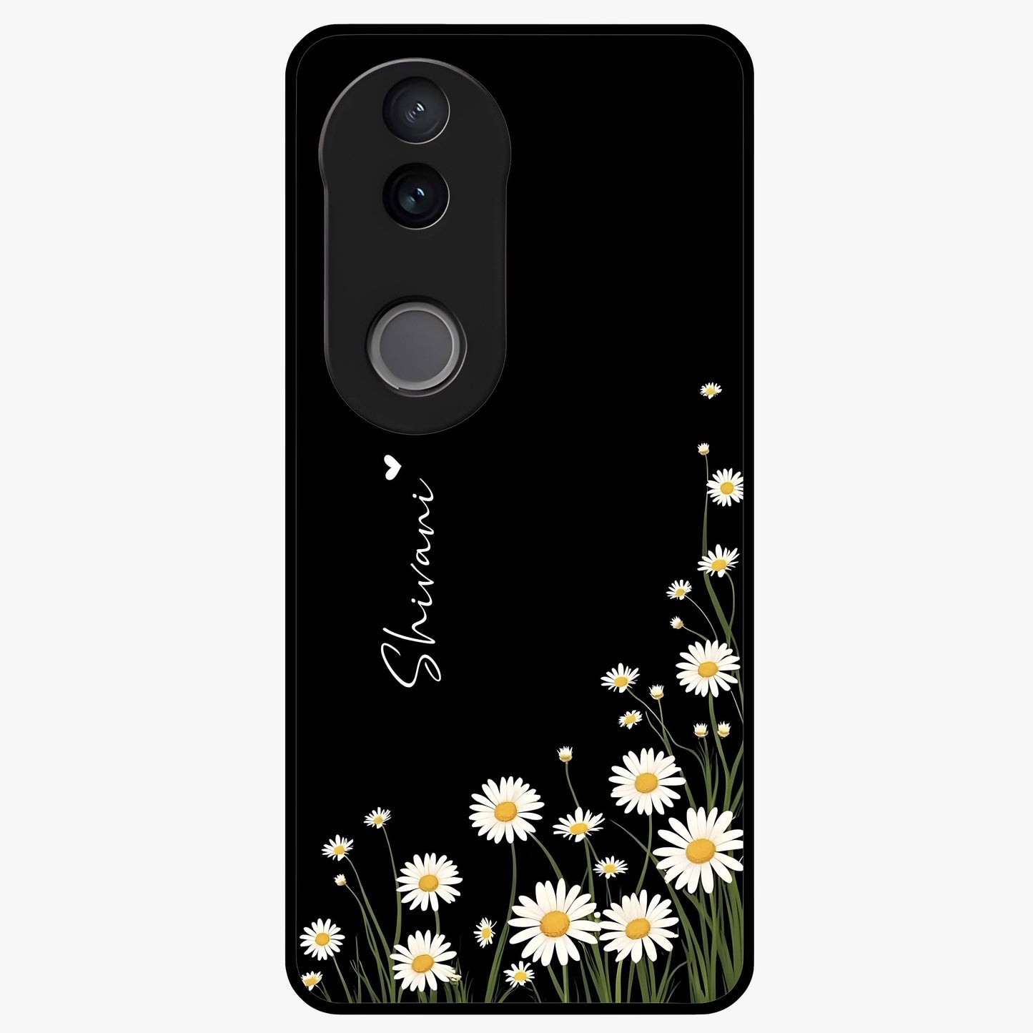Daisy Cascade Custom Name Glass Case showing flat back view with cascading daisy flowers and personalized name design.