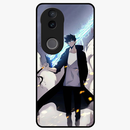 Dark Lightning Anime Warrior Glass Case showing flat back view with intense anime warrior artwork and glossy glass finish.