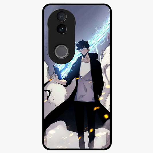 Dark Lightning Anime Warrior Glass Case showing flat back view with intense anime warrior artwork and glossy glass finish.