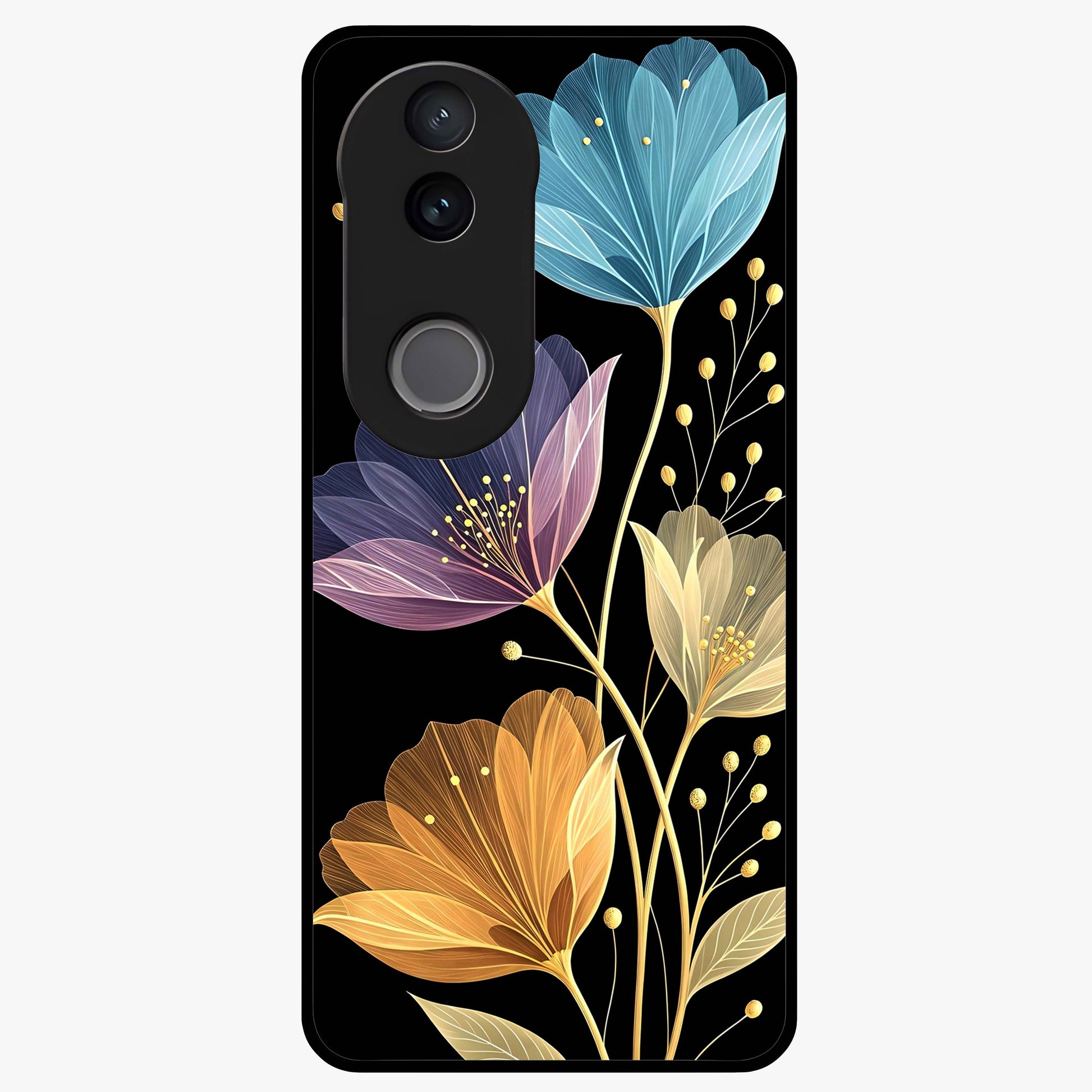 Delicate Multicolor Flowers Glass Case showing flat back view with vibrant floral artwork and glossy glass finish.