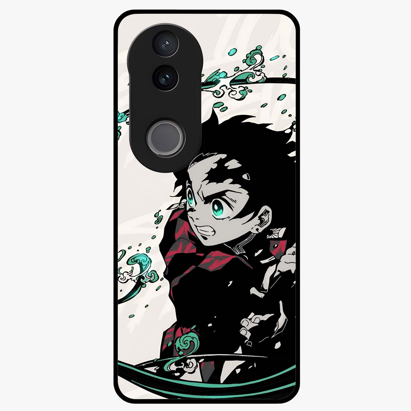 Demon Slayer Glass Case showing flat back view with bold anime inspired artwork and glossy glass finish.