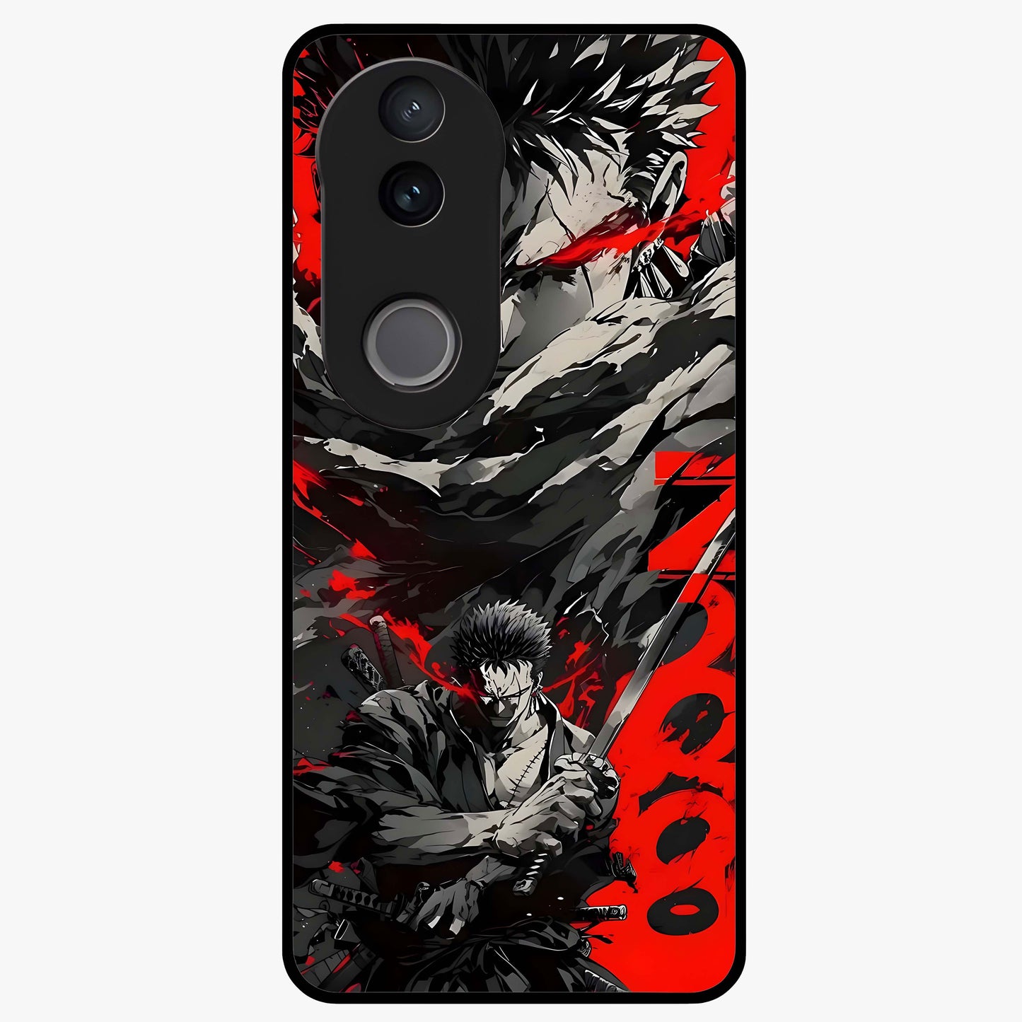 Demon Sword Resolve Glass Case showing flat back view with fierce sword warrior artwork and glossy glass finish.