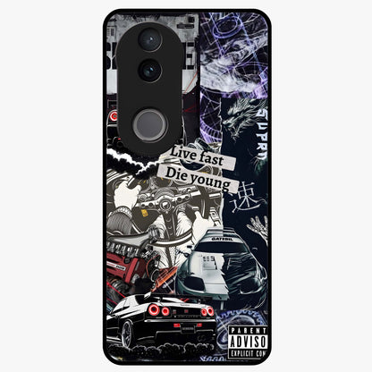 Die Young Glass Case showing flat back view with bold artistic typography design and glossy glass finish.