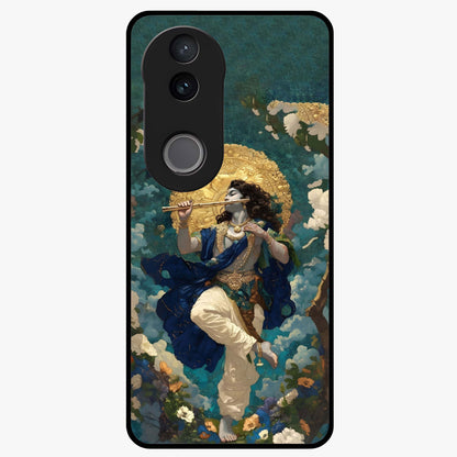 Divine Krishna Art Glass Case showing flat back view with Lord Krishna artwork and glossy glass finish.