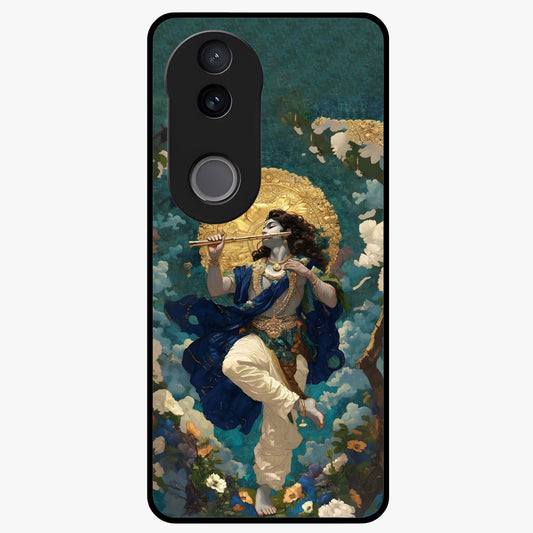 Divine Krishna Art Glass Case showing flat back view with Lord Krishna artwork and glossy glass finish.