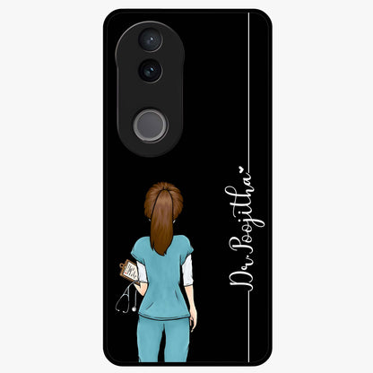 Doctor Pattern Custom Name Glass Case showing flat back view with medical themed pattern and personalized name design.