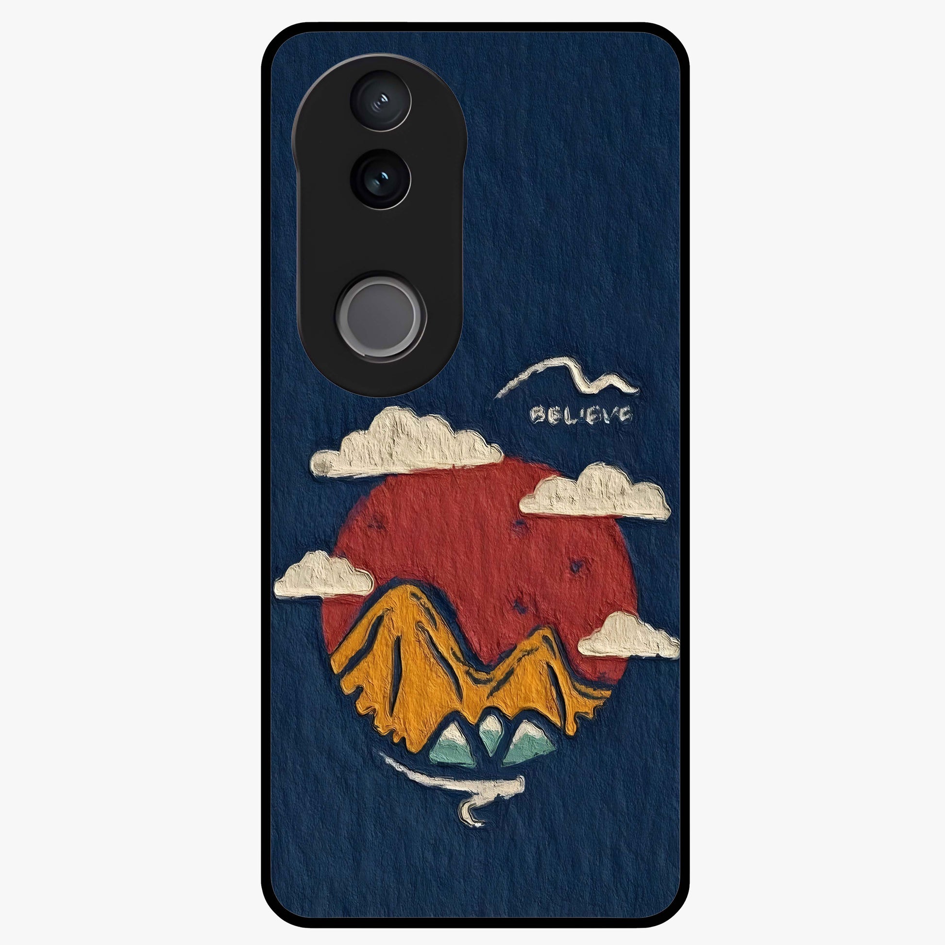Dream Beyond Mountains Glass Case showing flat back view with scenic mountain landscape artwork and glossy glass finish.