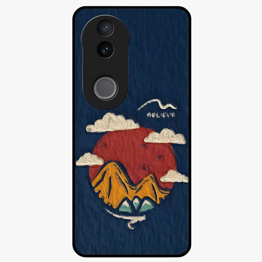 Dream Beyond Mountains Glass Case showing flat back view with scenic mountain landscape artwork and glossy glass finish.