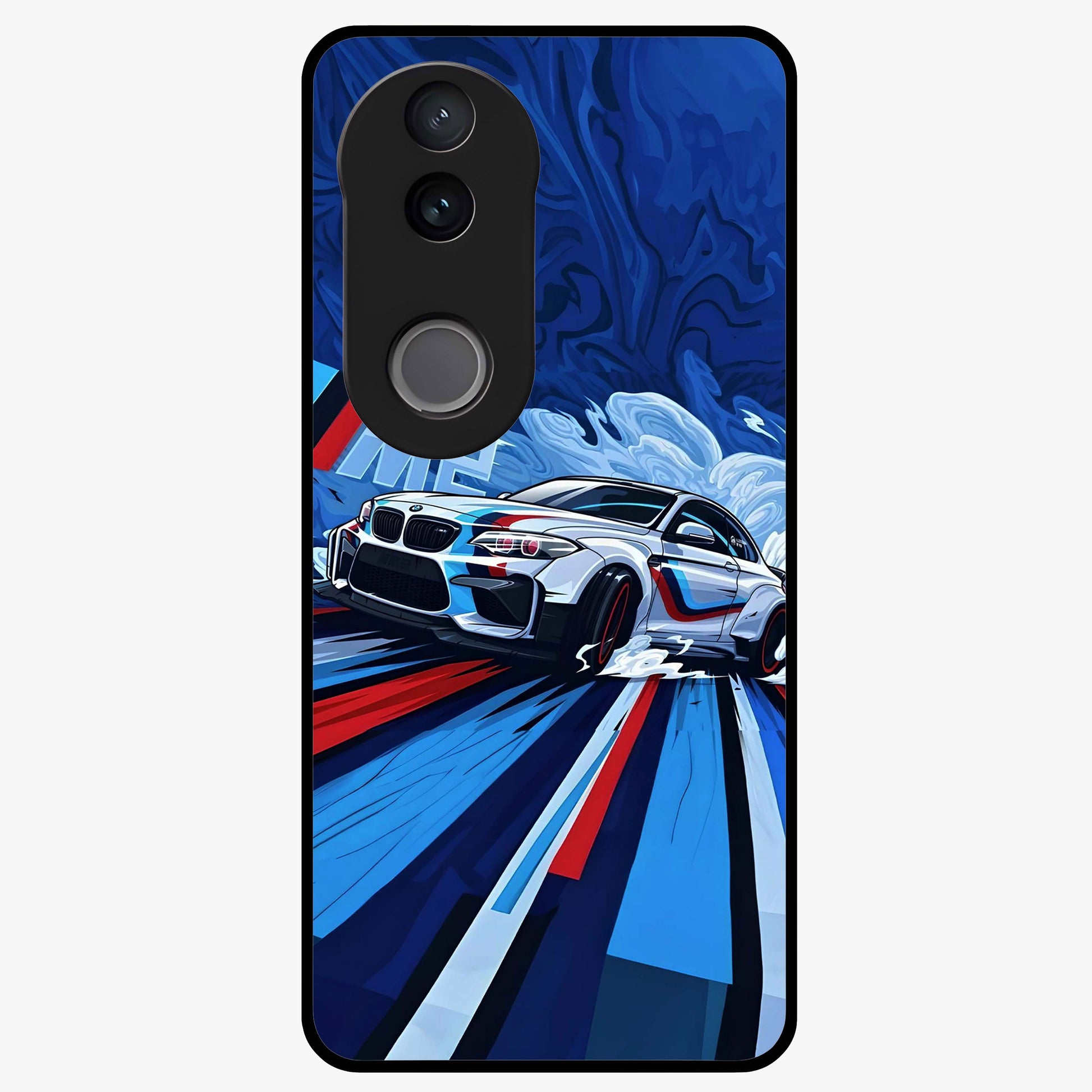 Drift Power Rush Glass Case showing flat back view with dynamic racing inspired artwork and glossy glass finish.