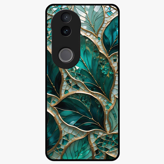 Emerald Leaf Glass Glass Case showing flat back view with emerald green leaf artwork and glossy glass finish.