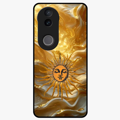 Eternal Golden Glow Glass Case showing flat back view with radiant golden themed artwork and glossy glass finish.