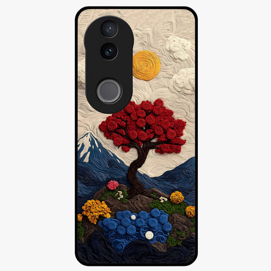 Eternal Nature Tapestry Glass Case showing flat back view with intricate nature tapestry artwork and glossy glass finish.