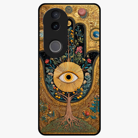 Ethereal Evil Eye Glass Case showing flat back view with mystical evil eye artwork and glossy glass finish.