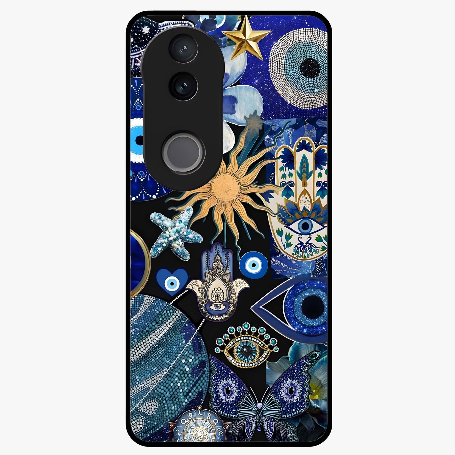 Evil Eye Charm Mix Glass Case showing flat back view with multiple evil eye charms artwork and glossy glass finish.