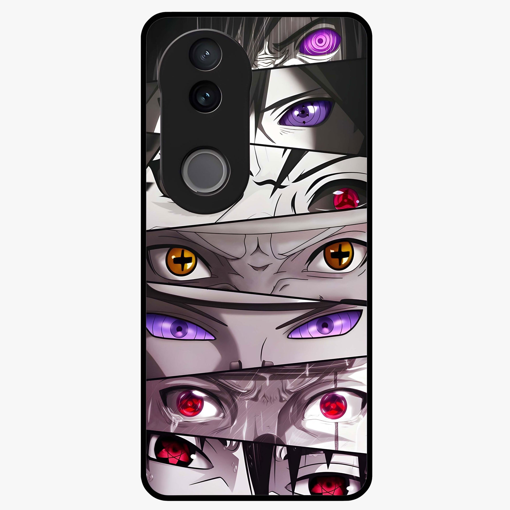 Eyes of Destiny Glass Case showing flat back view with striking eye themed artwork and glossy glass finish.