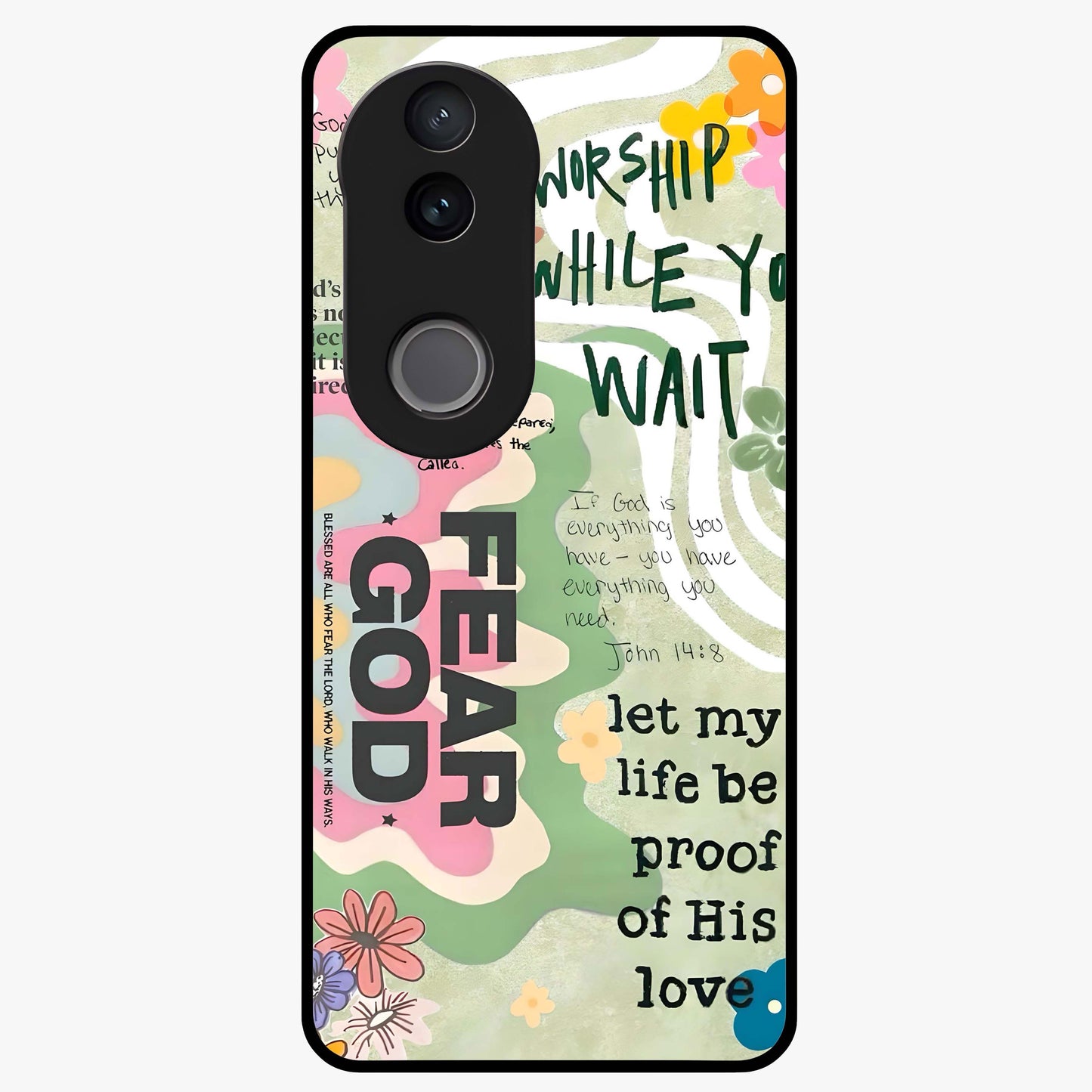 Faith Over Fear Glass Case showing flat back view with motivational typography artwork and glossy glass finish.