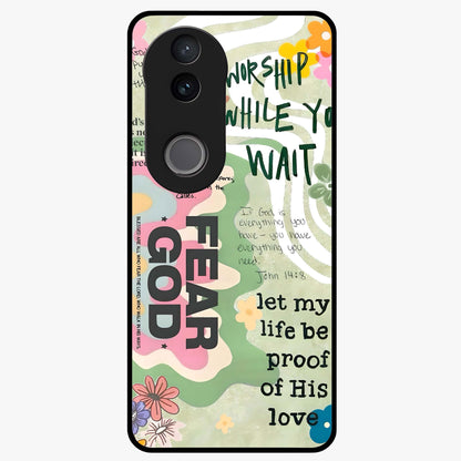 Faith Over Fear Glass Case showing flat back view with motivational typography artwork and glossy glass finish.
