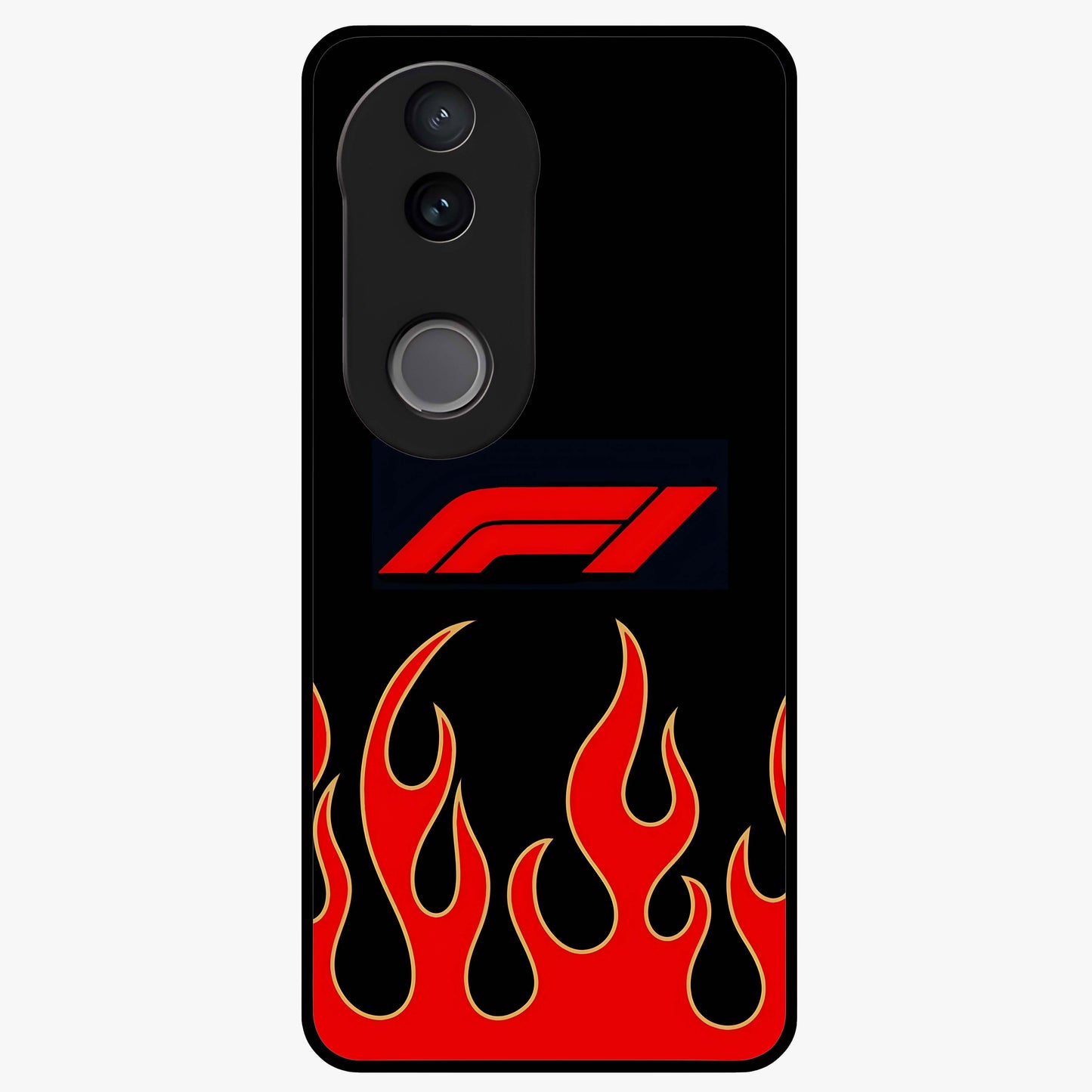 Fire F11 Glass Case showing flat back view with fiery themed artwork and glossy glass finish.