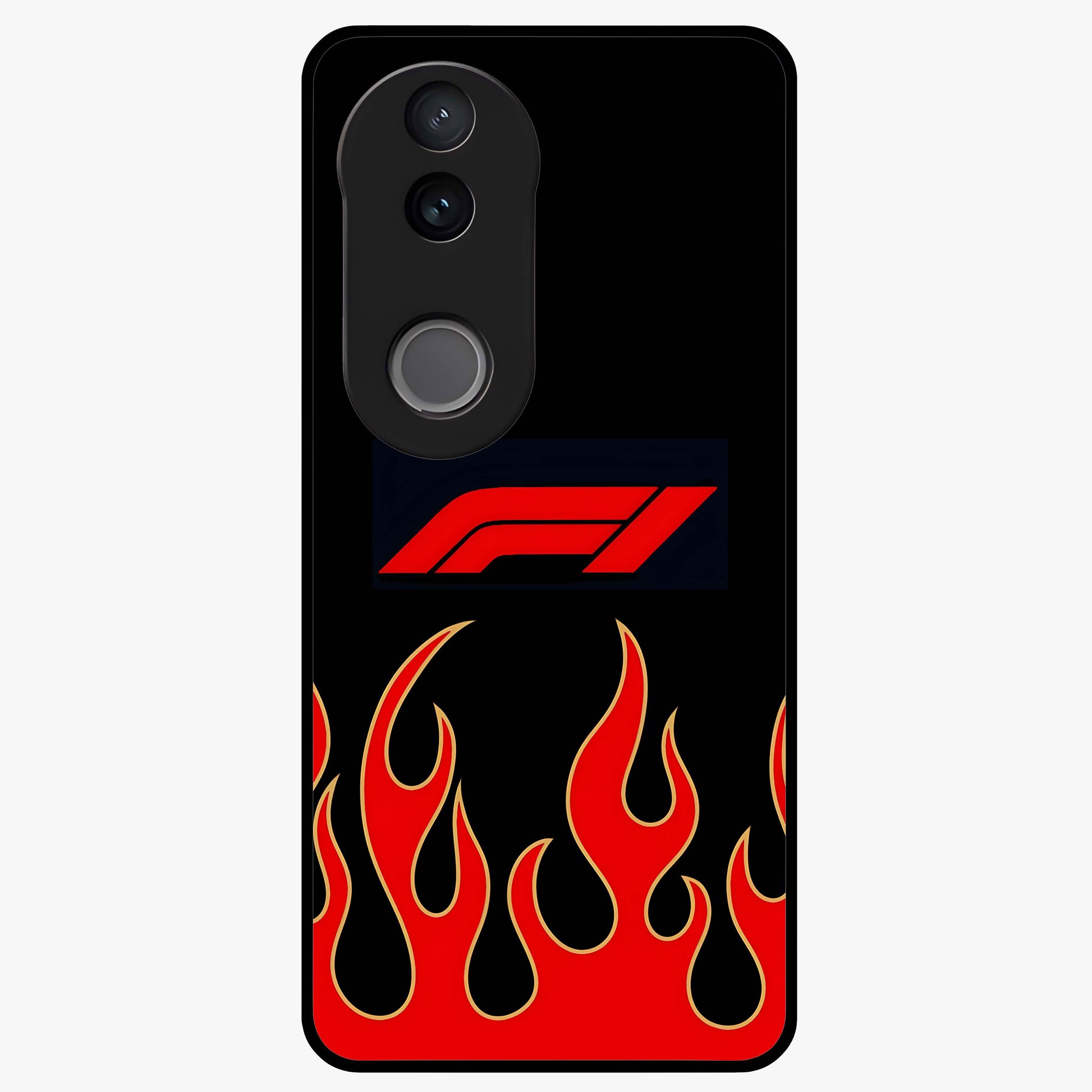 Fire F11 Glass Case showing flat back view with fiery themed artwork and glossy glass finish.