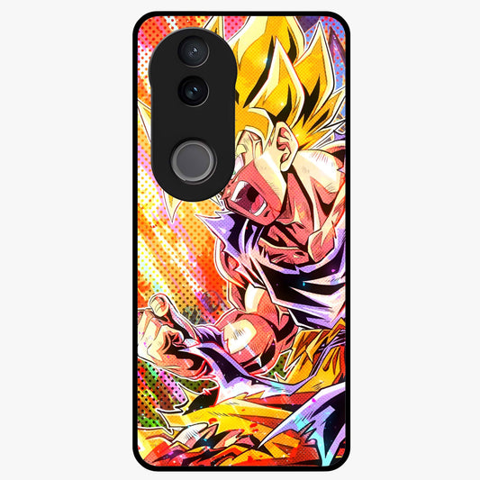 Firing Goku Glass Case showing flat back view with powerful anime inspired artwork and glossy glass finish.