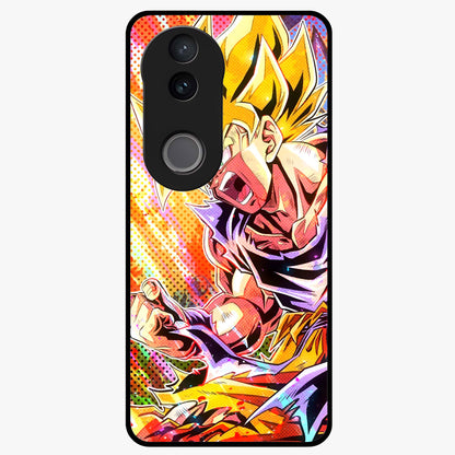 Firing Goku Glass Case showing flat back view with powerful anime inspired artwork and glossy glass finish.