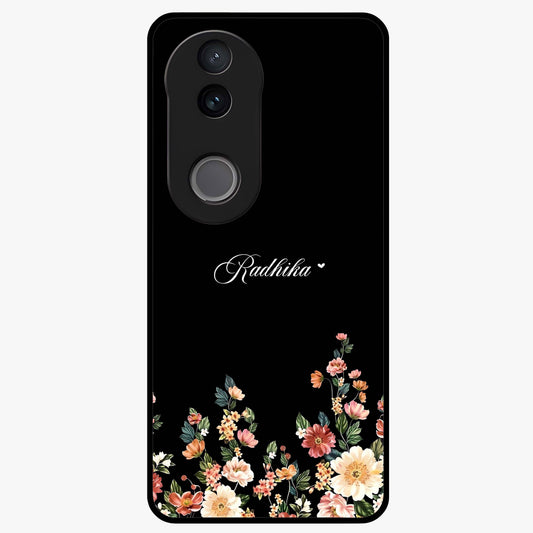 Floral Design With a Custom Personalized Name Glass Case showing flat back view with floral artwork and personalized name design.