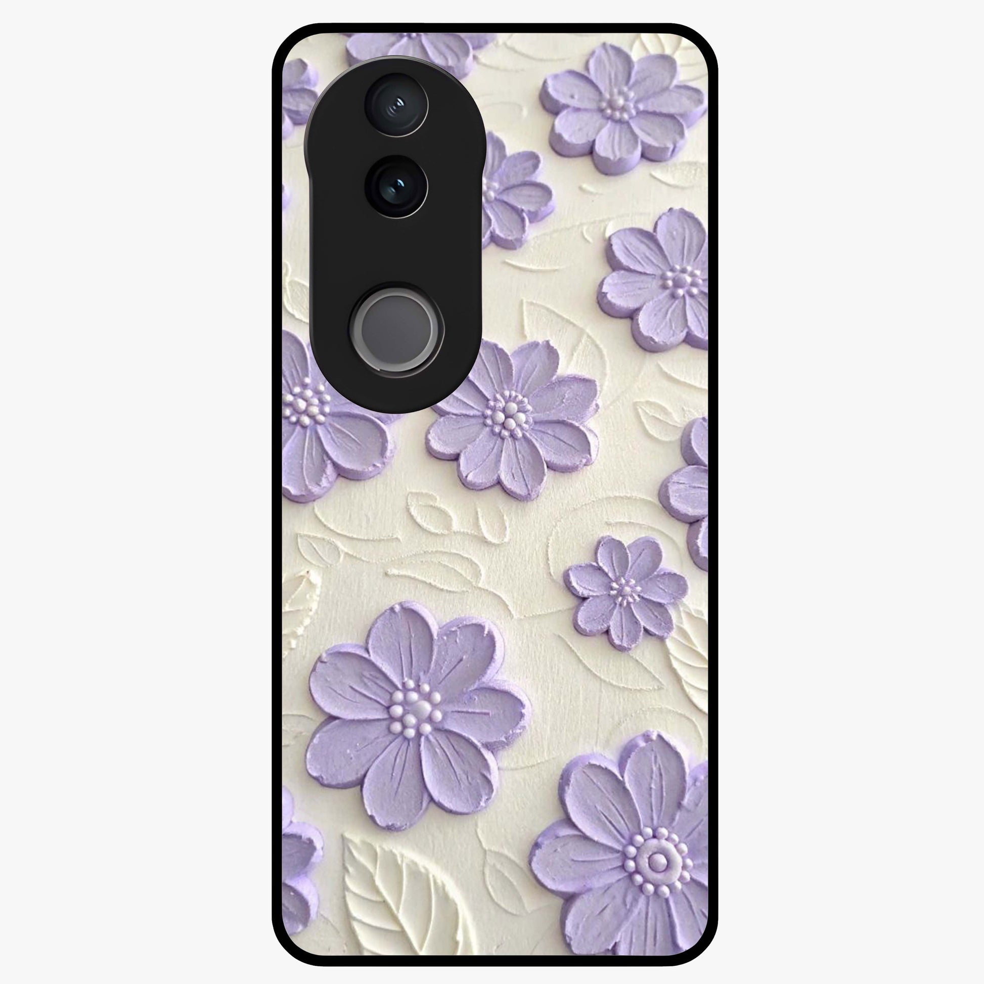 Floral Wall Art With Purple Flowers Glass Case showing flat back view with purple flower artwork and glossy glass finish.