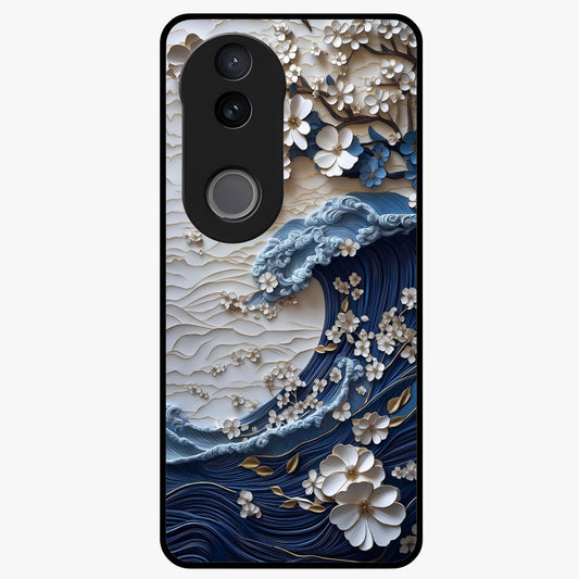 Floral Wave Origami Glass Case showing flat back view with origami inspired floral wave artwork and glossy glass finish.