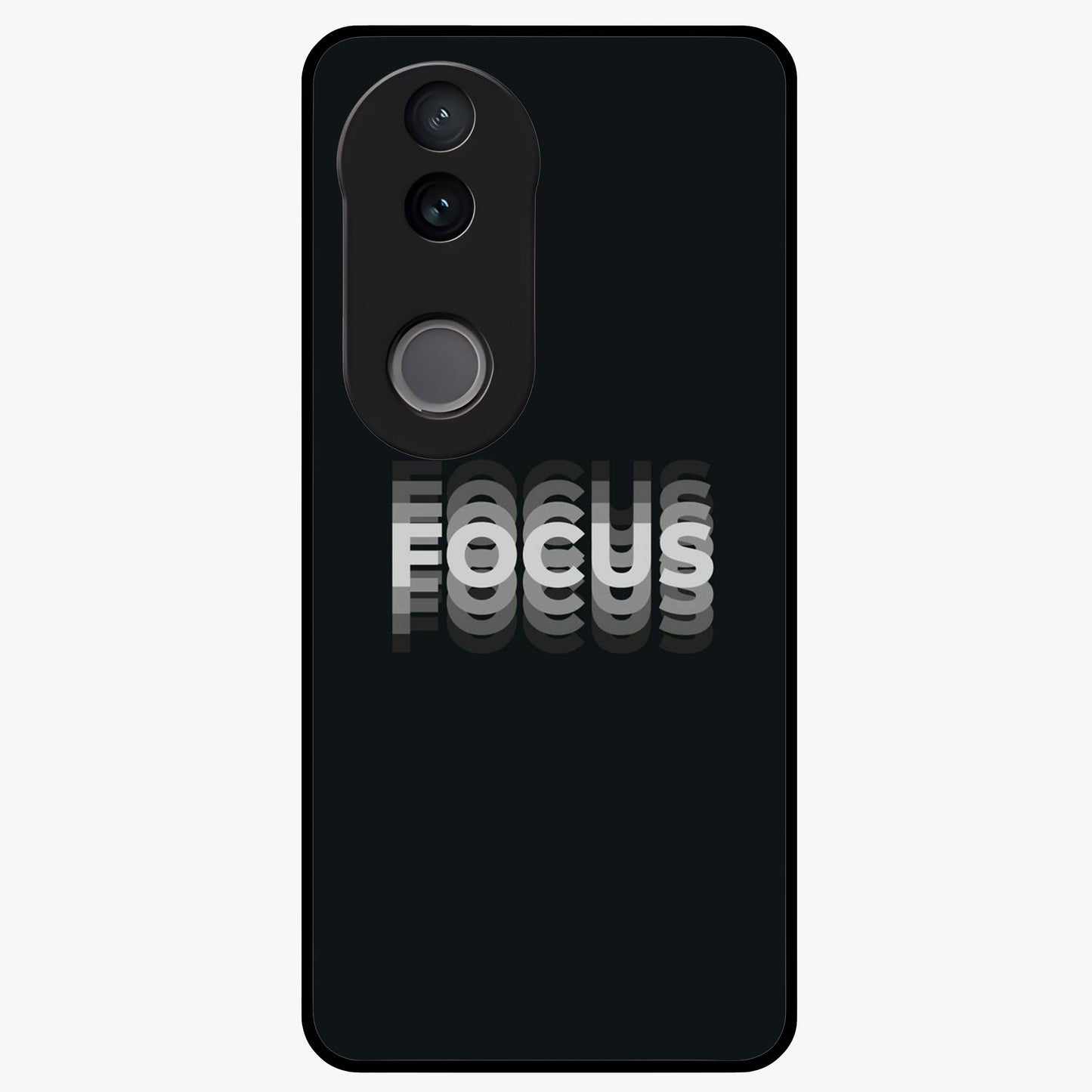 Focus Mode On Glass Case showing flat back view with bold motivational typography design and glossy glass finish.