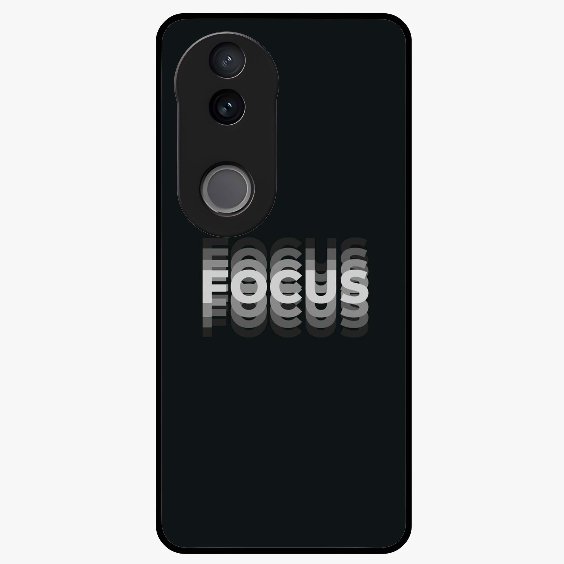 Focus Mode On Glass Case showing flat back view with bold motivational typography design and glossy glass finish.
