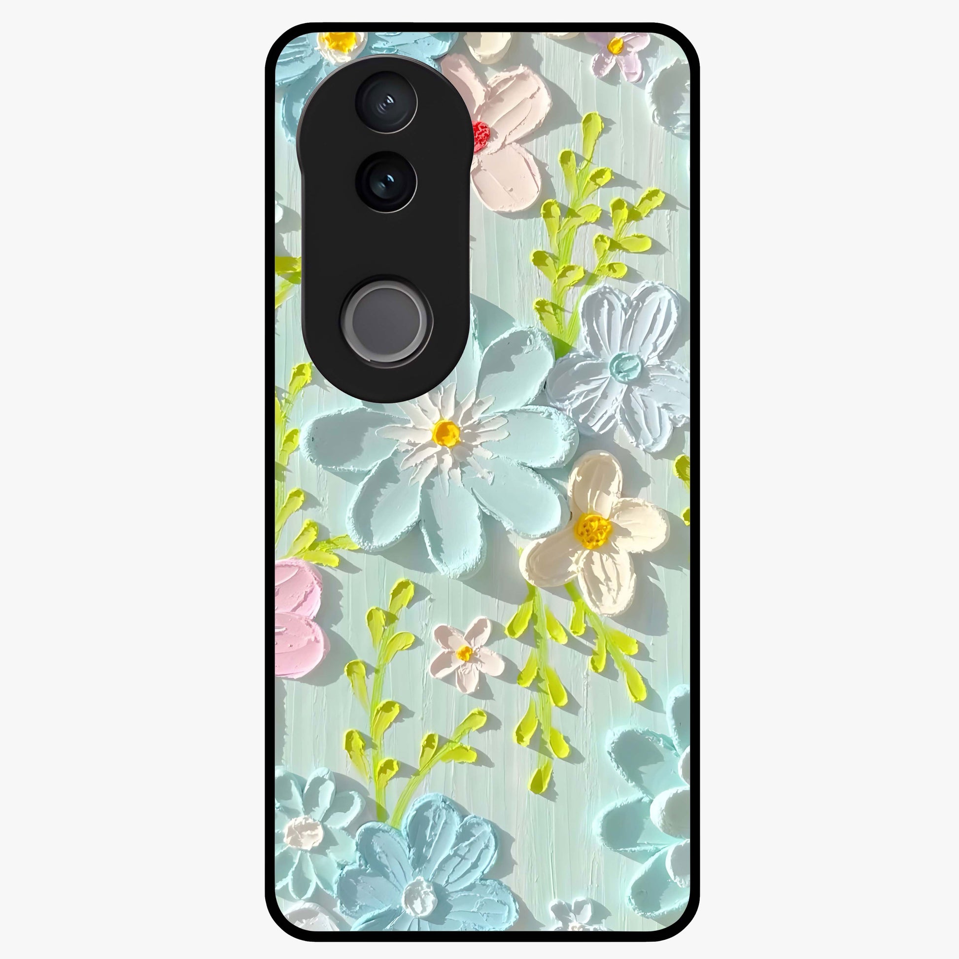 Frosted Petal Garden Glass Case showing flat back view with soft frosted floral artwork and glossy glass finish.