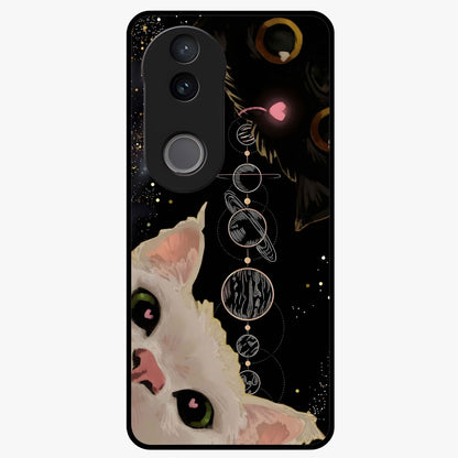Galactic Cat Glass Case showing flat back view with cosmic cat artwork and glossy glass finish.