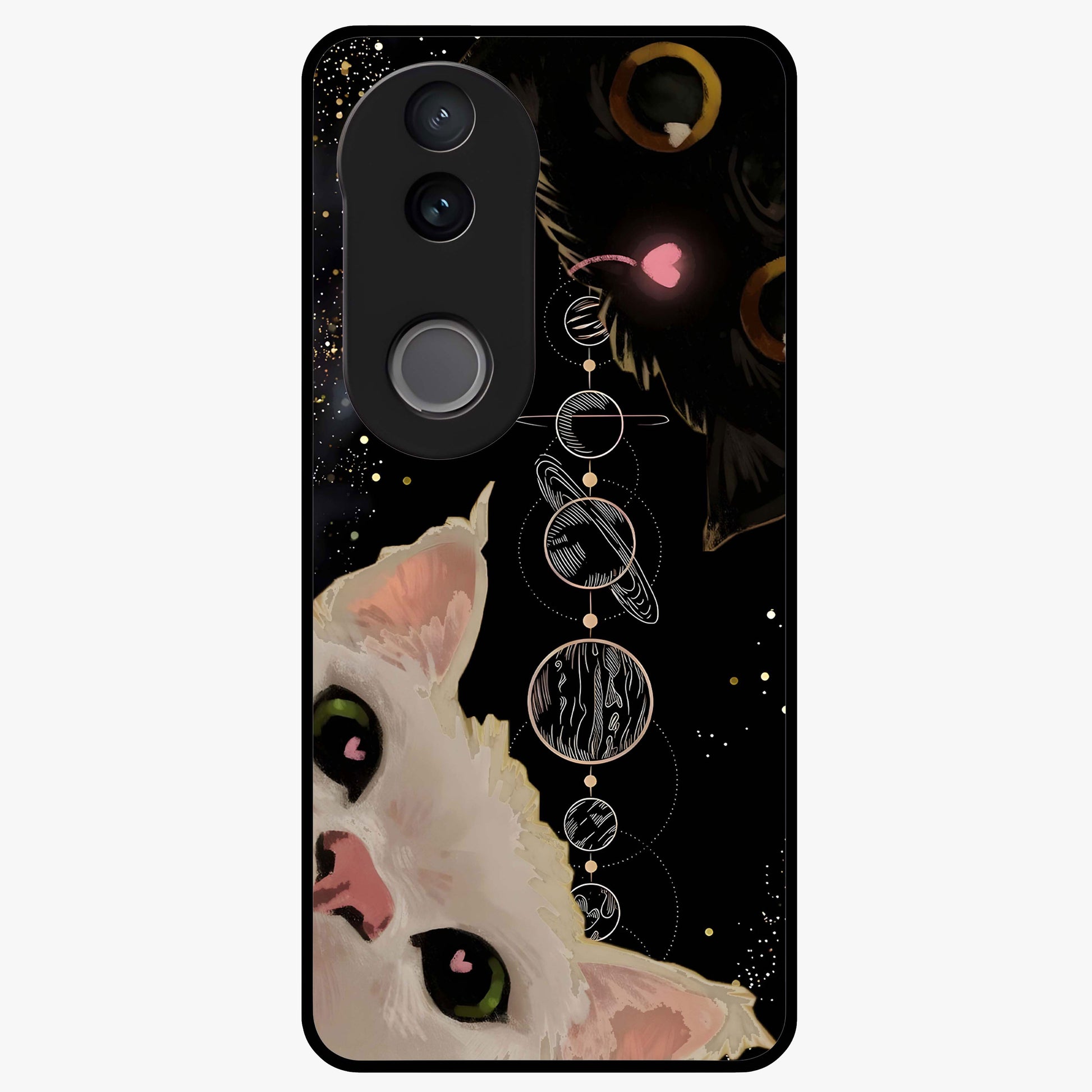 Galactic Cat Glass Case showing flat back view with cosmic cat artwork and glossy glass finish.