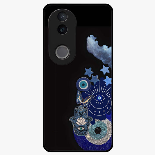 Galactic Charm Cluster Glass Case showing flat back view with glowing celestial charm artwork and glossy glass finish.