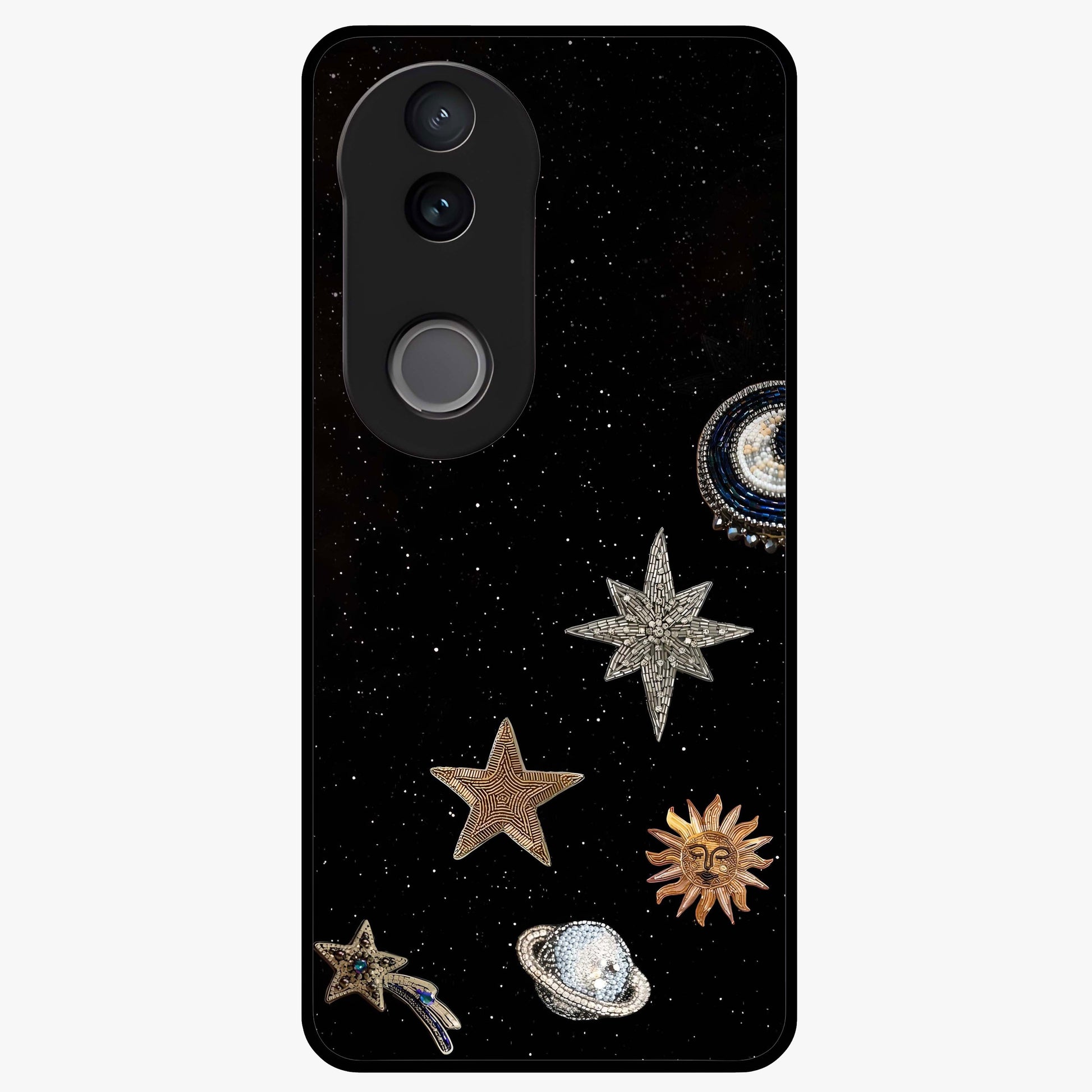 Galactic Charm Glow Glass Case showing flat back view with glowing celestial charm artwork and glossy glass finish.