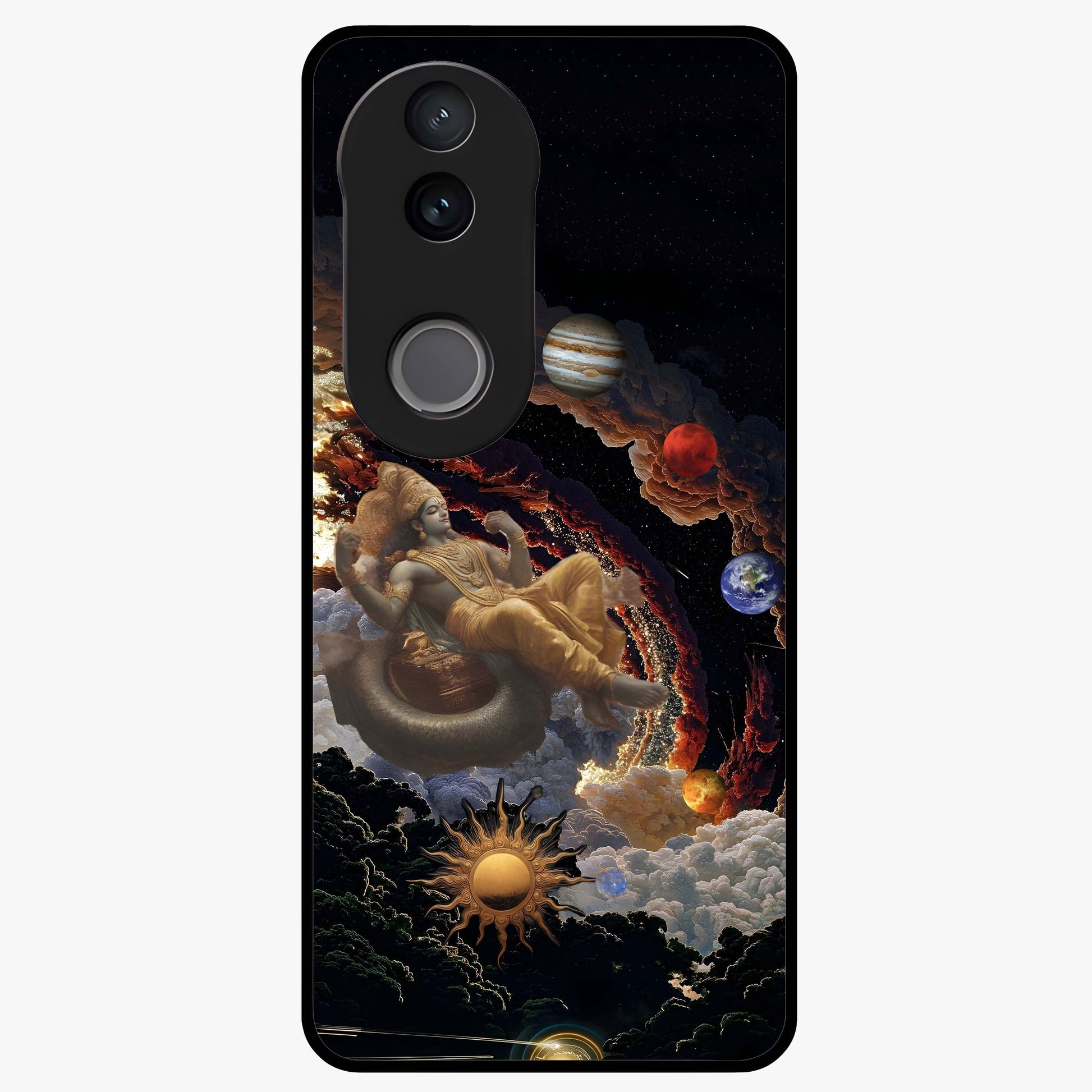 Galactic Divine God Glass Case showing flat back view with divine cosmic themed artwork and glossy glass finish.